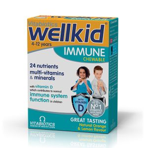 Vitabiotics Wellkid Immune Συμπλήρωμα Διατροφής για παιδιά από 4-12 Ετών, με Γεύση Πορτοκάλι & Λεμόνι 30 μασώμενες ταμπλέτες