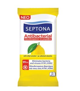 Septona Antibacterial Lemon Αντιβακτηριδιακά Μαντηλάκια Καθαρισμού Με Άρωμα Λεμόνι 15τμχ